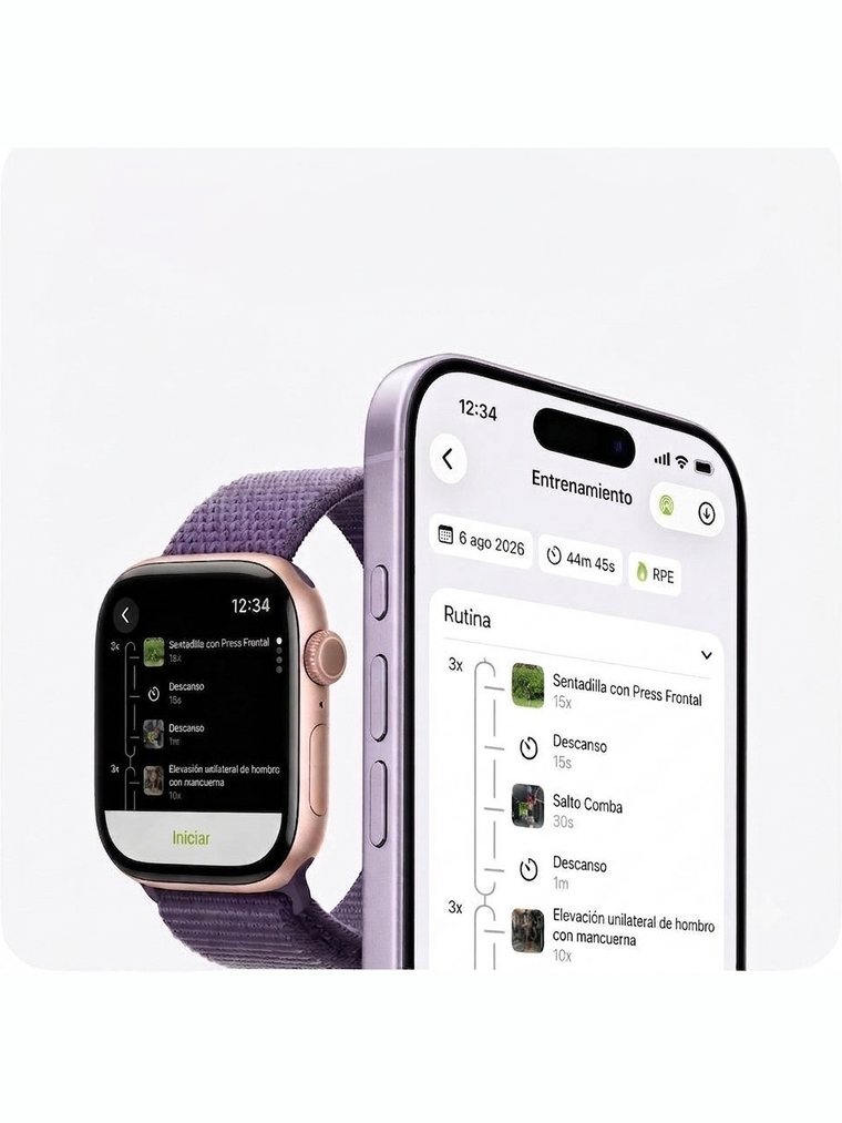 Reloj inteligente junto a un móvil, ambos mostrando la misma rutina de entrenamiento de la app lista para iniciar.